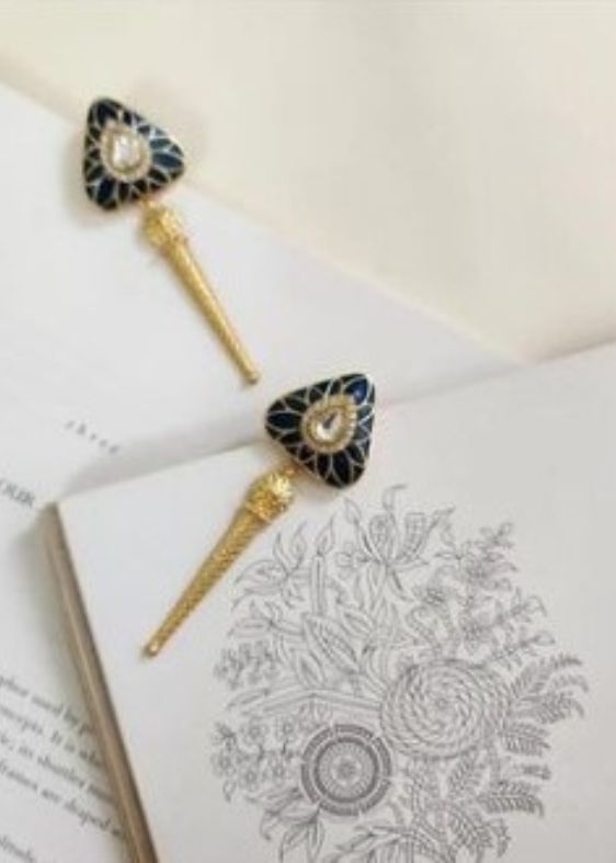 Blue polki kundan enamel triangle earrings