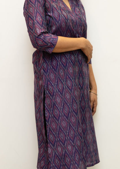Purple V Neck Stitchline Superfine Ikkat Cotton Kurta