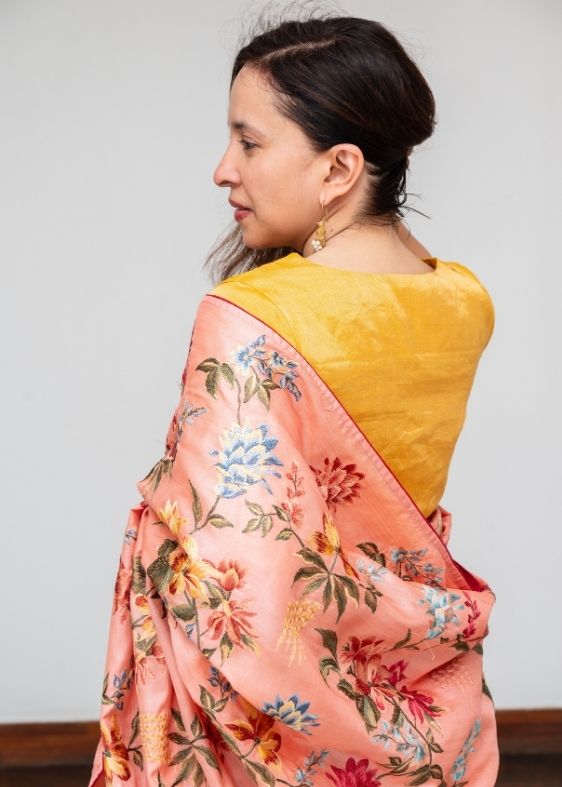 Peach Embroidery Tussar Silk Saree