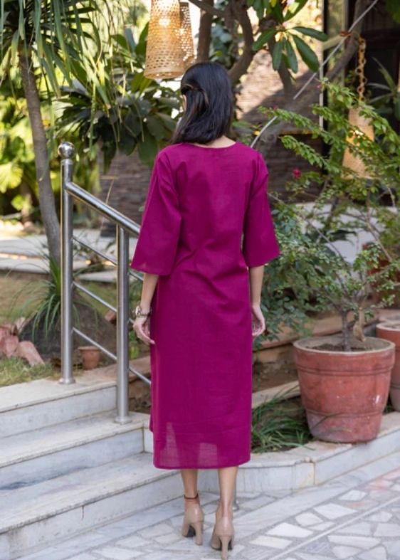 Cotton Slub Yoke Dress- Wine