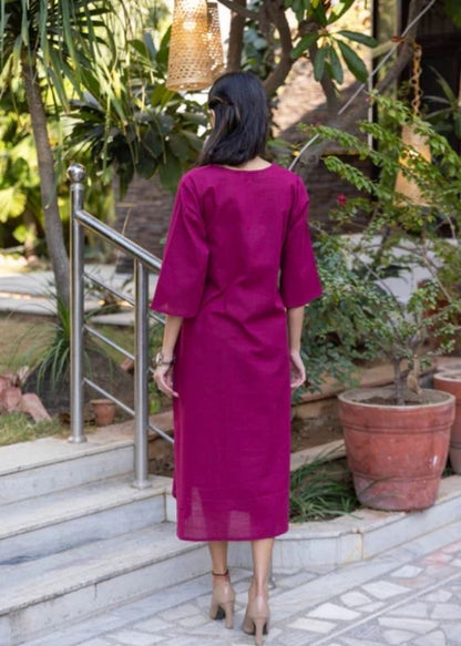 Cotton Slub Yoke Dress- Wine