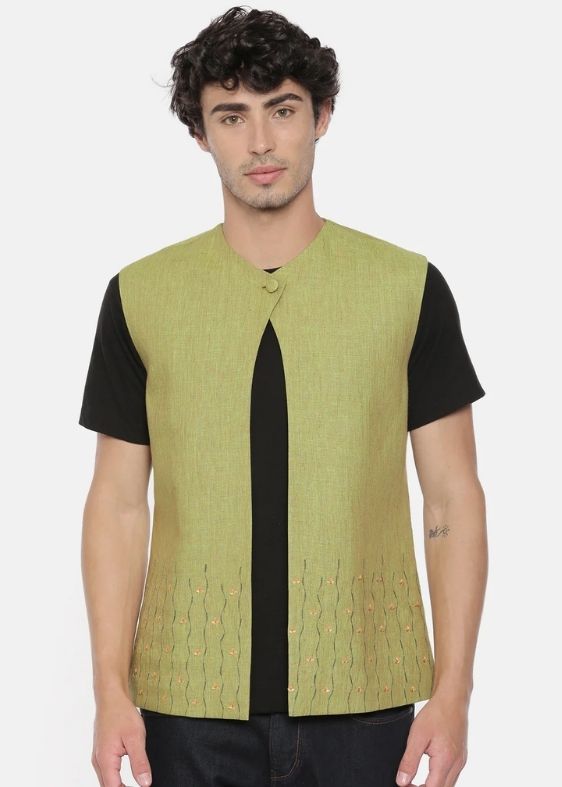 Green Linen Embroidered Short Open Jacket - MMSOJ008