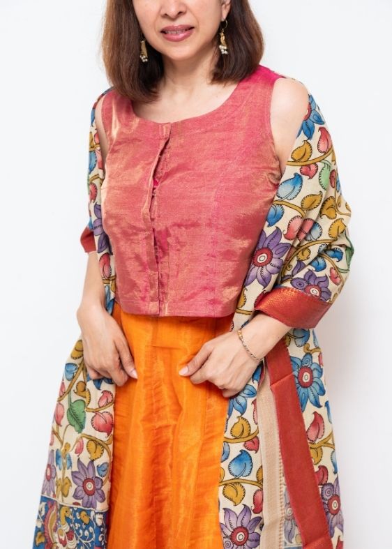 Beige and Red Border Hand PaintedKalamkari Dupatta