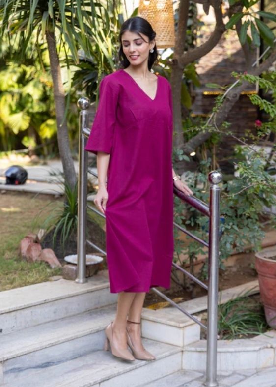 Cotton Slub Yoke Dress- Wine