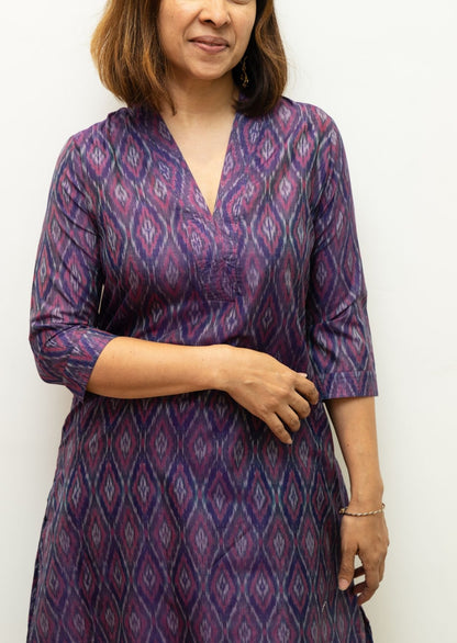 Purple V Neck Stitchline Superfine Ikkat Cotton Kurta