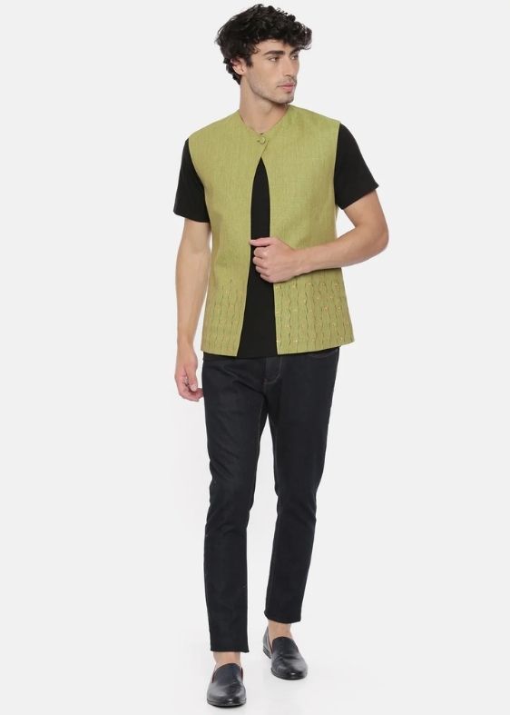 Green Linen Embroidered Short Open Jacket - MMSOJ008