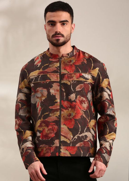 Brown Printed Silk Muslin Bomber Jacket