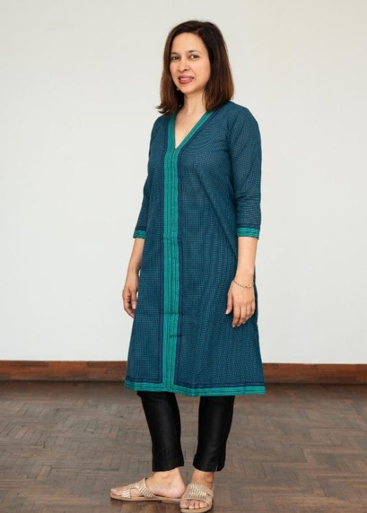 V Neck Green Cotton Checks Dress