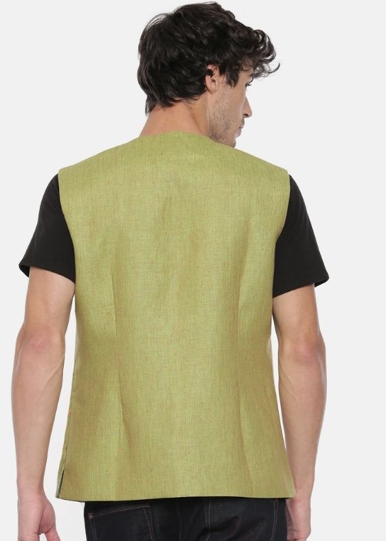 Green Linen Embroidered Short Open Jacket - MMSOJ008