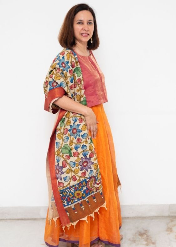 Beige and Red Border Hand PaintedKalamkari Dupatta