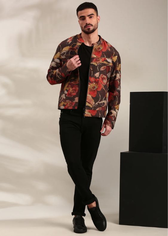 Brown Printed Silk Muslin Bomber Jacket