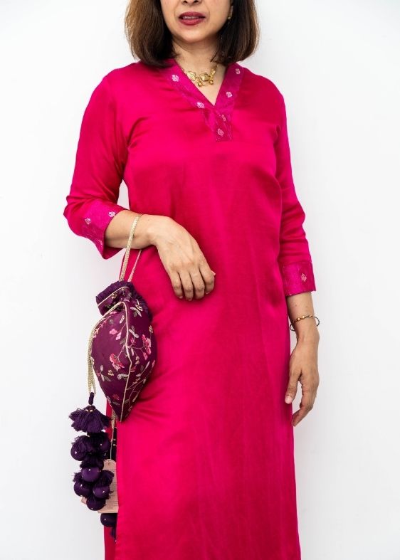 Pink Brocade Modal Silk Long Kurta