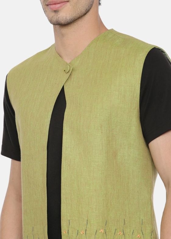 Green Linen Embroidered Short Open Jacket - MMSOJ008