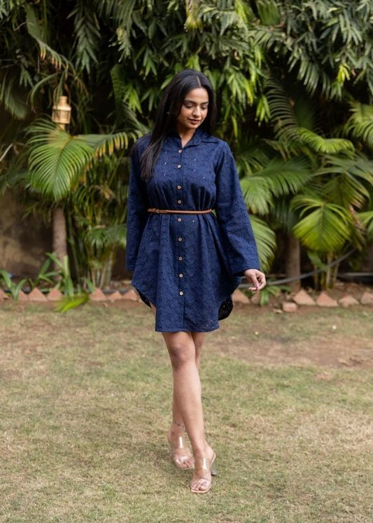 Schiffli Shirt Dress-Blue