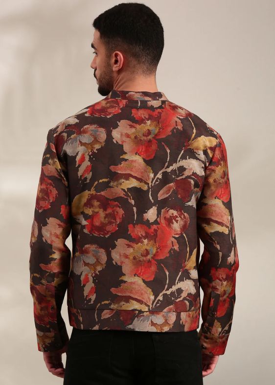 Brown Printed Silk Muslin Bomber Jacket