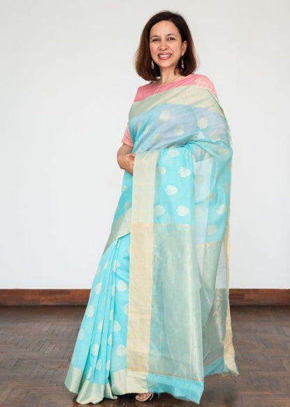 Blue Silk Cotton Chanderi All Over Buta Saree