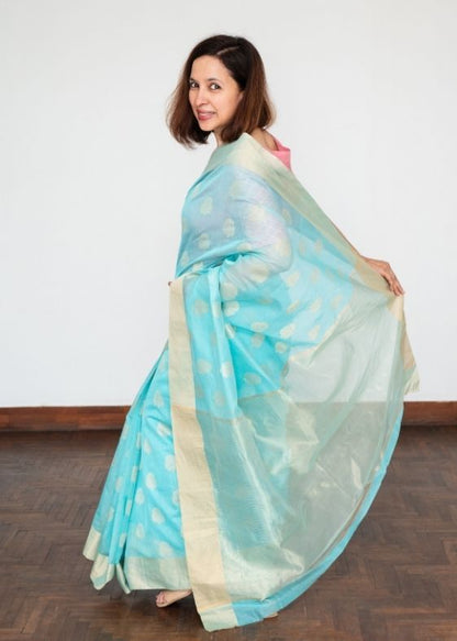 Blue Silk Cotton Chanderi All Over Buta Saree