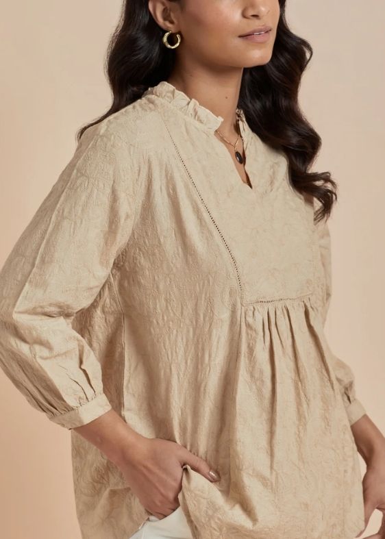 SS 2226 Beige Embroidered Round neck Top