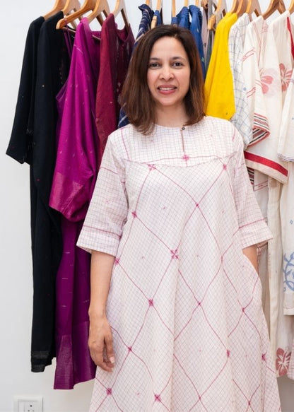 White and Pink Checks Jamdani Cotton Dress