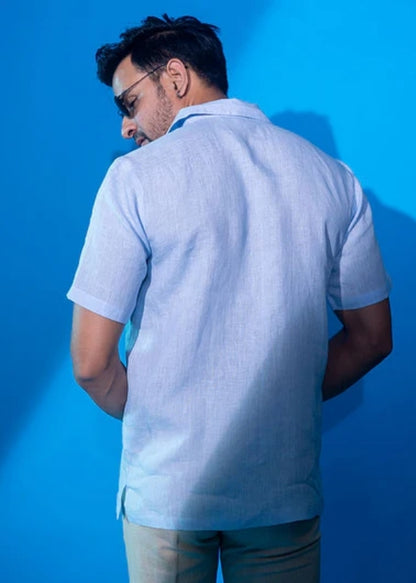 Pure Linen Half Sleeve Shirt-Light Blue