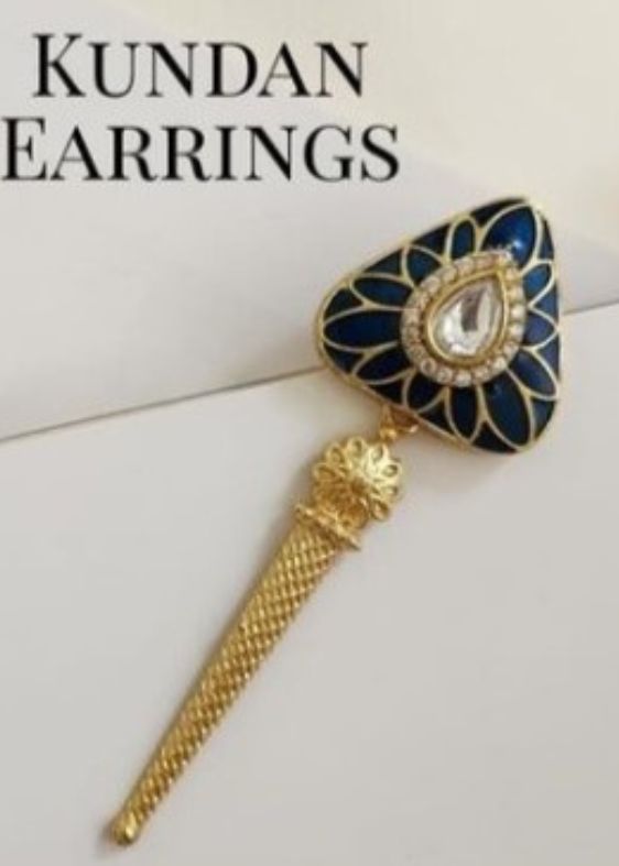 Blue polki kundan enamel triangle earrings
