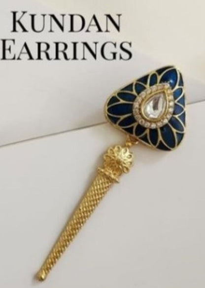 Blue polki kundan enamel triangle earrings