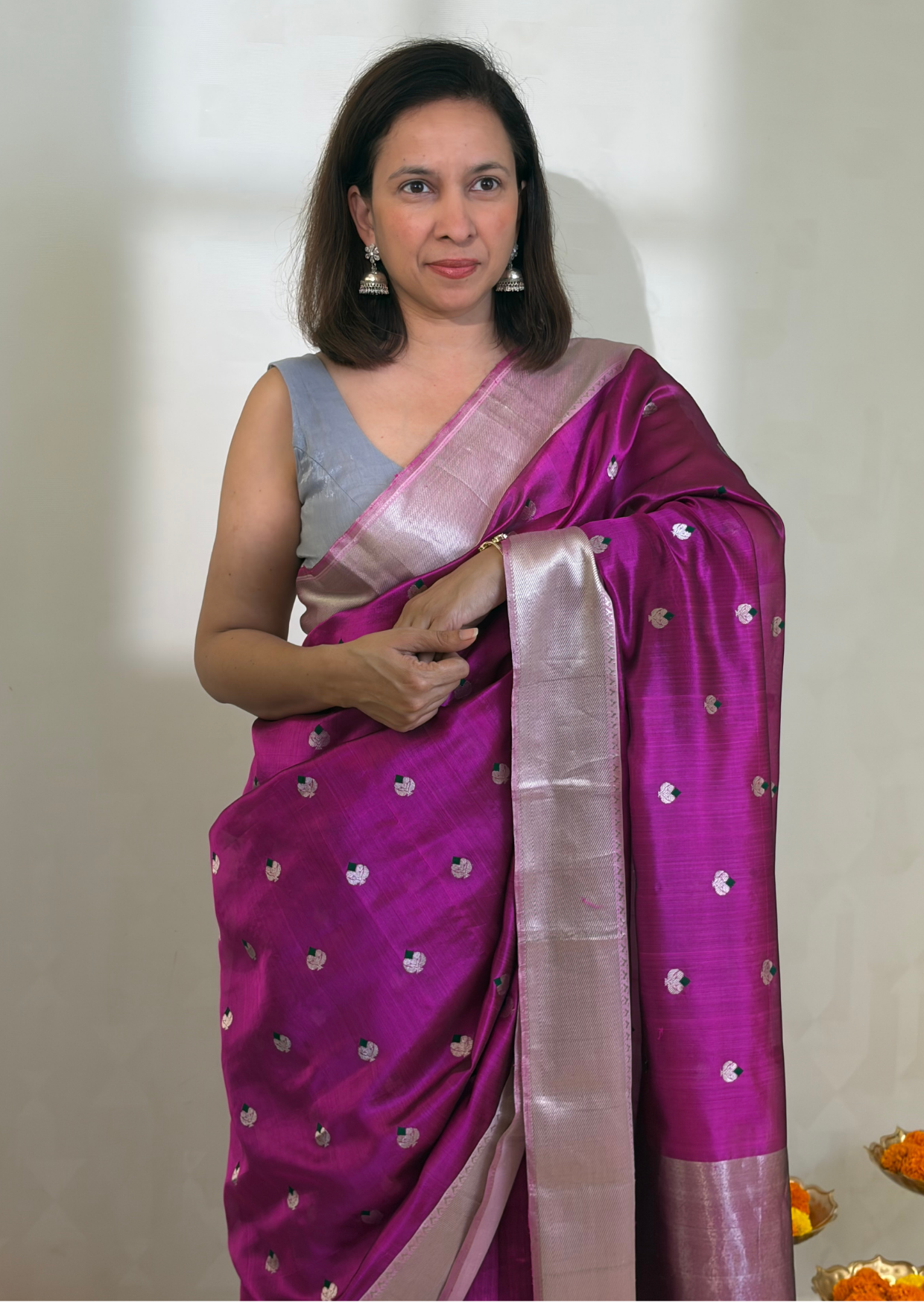 Purple Silver Border Boota Silk Chanderi Saree