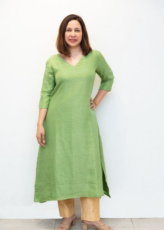 Green V Neck Crepe Silk Dress