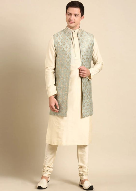 Pista Green Barasi Silk Jaquard Long Open Jacket