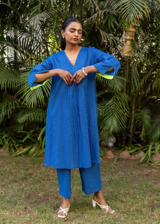 Cotton kantha co-ord set-Royal Blue