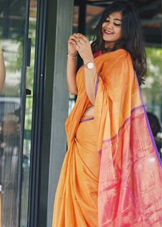Sunset Orange Pink Fulia Cotton Tissue Saree
