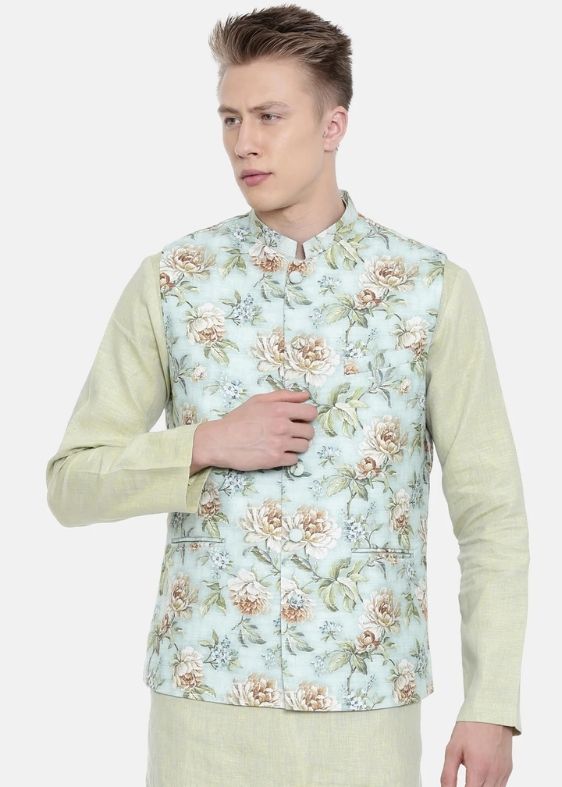 Linen Green Printed Jacke - MMWC0155