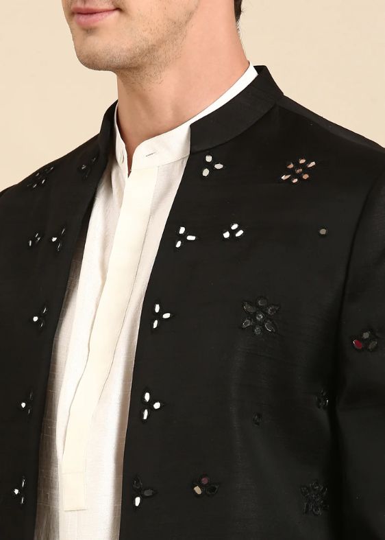 Black Mirror Embroidery Crush Silk Long Open Jacket