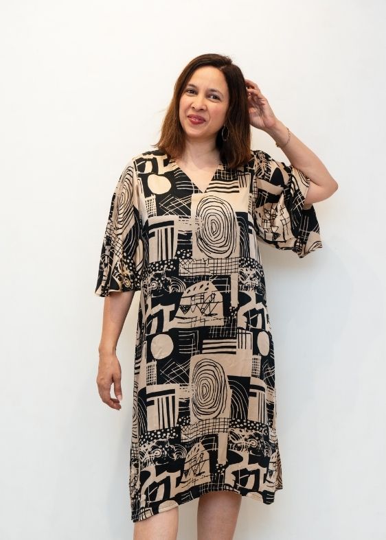 Beige and Black Printed Dress