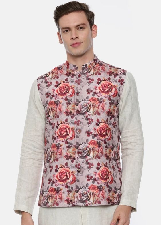 Pink Printed Linen Nehru Jacket - MMWC0174