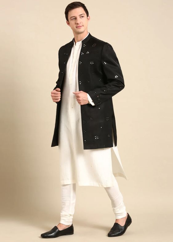 Black Mirror Embroidery Crush Silk Long Open Jacket
