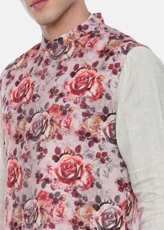 Pink Printed Linen Nehru Jacket - MMWC0174