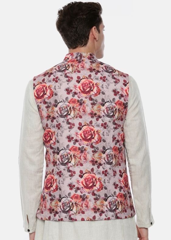 Pink Printed Linen Nehru Jacket - MMWC0174