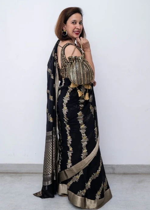 Black Gold Diagonal Flowers Georgette Silk Saree