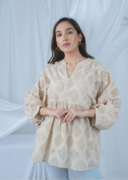 Beige embroidery cotton top - SS 2425