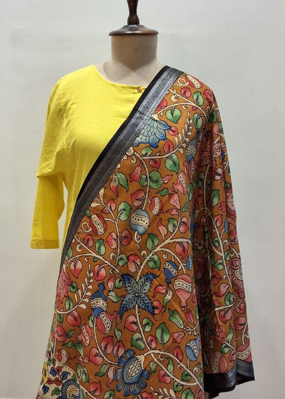 Mustard Floral with black border Kalamkari Dupatta