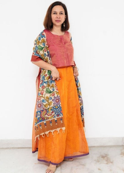 Beige and Red Border Hand PaintedKalamkari Dupatta