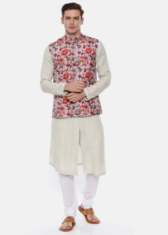 Pink Printed Linen Nehru Jacket - MMWC0174