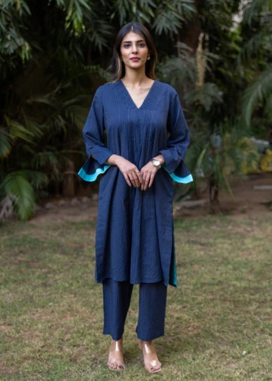 Cotton kantha co-ord set- Navy