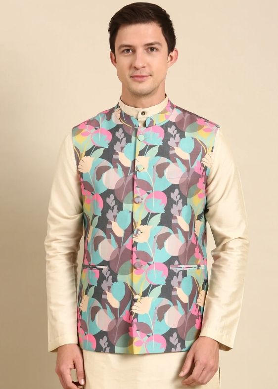 Sapphire Blue, Taffy Pink , Grey Muslin Digial print Modi Jacket - MMWC0232