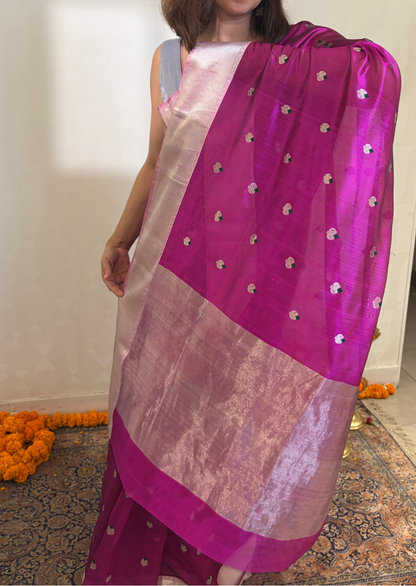 Purple Silver Border Boota Silk Chanderi Saree