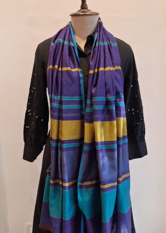 Purple with mustard lines Silk Cotton Stole