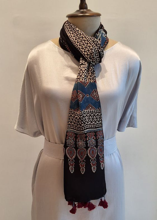 Blue & Black Ajrakh Print Modal Silk Stole