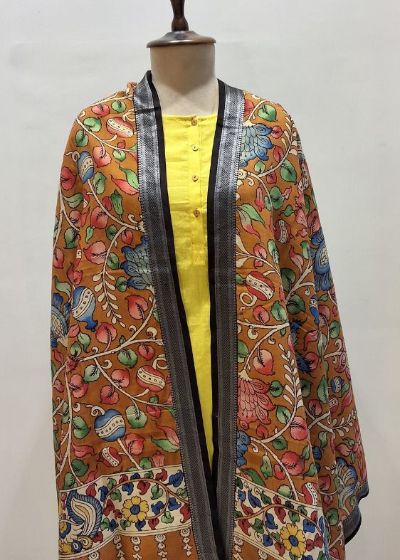 Mustard Floral with black border Kalamkari Dupatta
