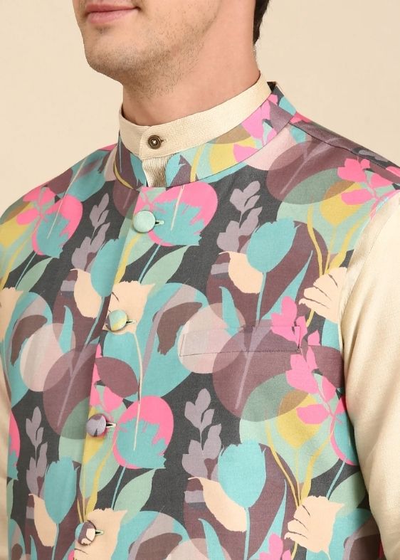 Sapphire Blue, Taffy Pink , Grey Muslin Digial print Modi Jacket - MMWC0232